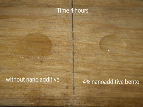 Water drops on wood coated with linseed oil with / without Bento-01 after 4 hours