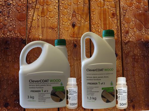 Various CleverCOAT WOOD PREMIER packaging and stain additive