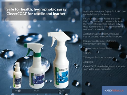 Safe for health, hydrophobic spray CleverCOAT for textile and leather